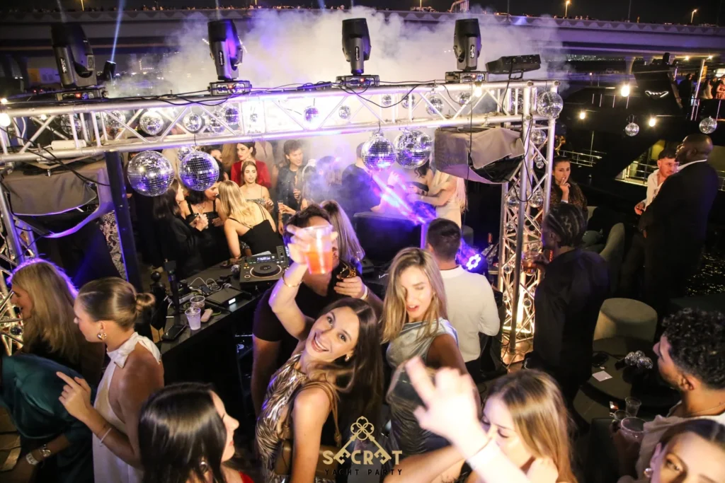 Dance floor on board at a Secret Yacht Party night in Dubai