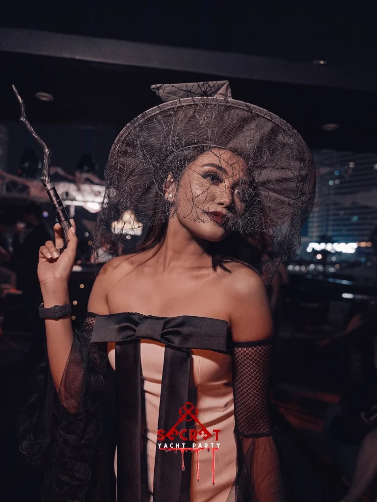 Guest in costume at a Secret Yacht Party Halloween edition in Dubai